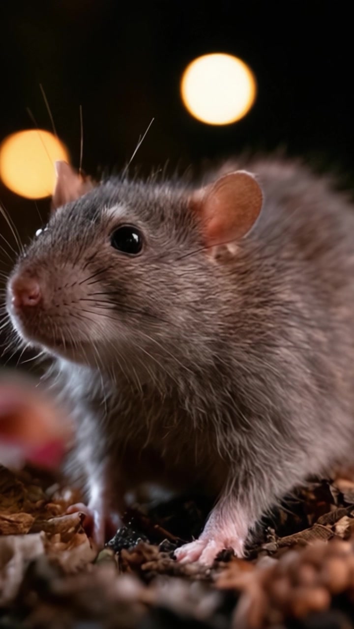 Primo Piano Accattivante di un Ratto Grigio in un Ambiente Illuminato Morbidamente, che Mostra le Sue Caratteristiche Intricate su uno Sfondo Sfocato di Luci Calde