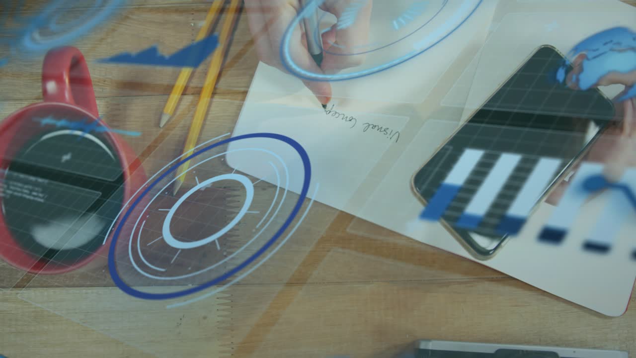 When pen-wielding hand enters frame writing Visual content while AR charts animating for data view