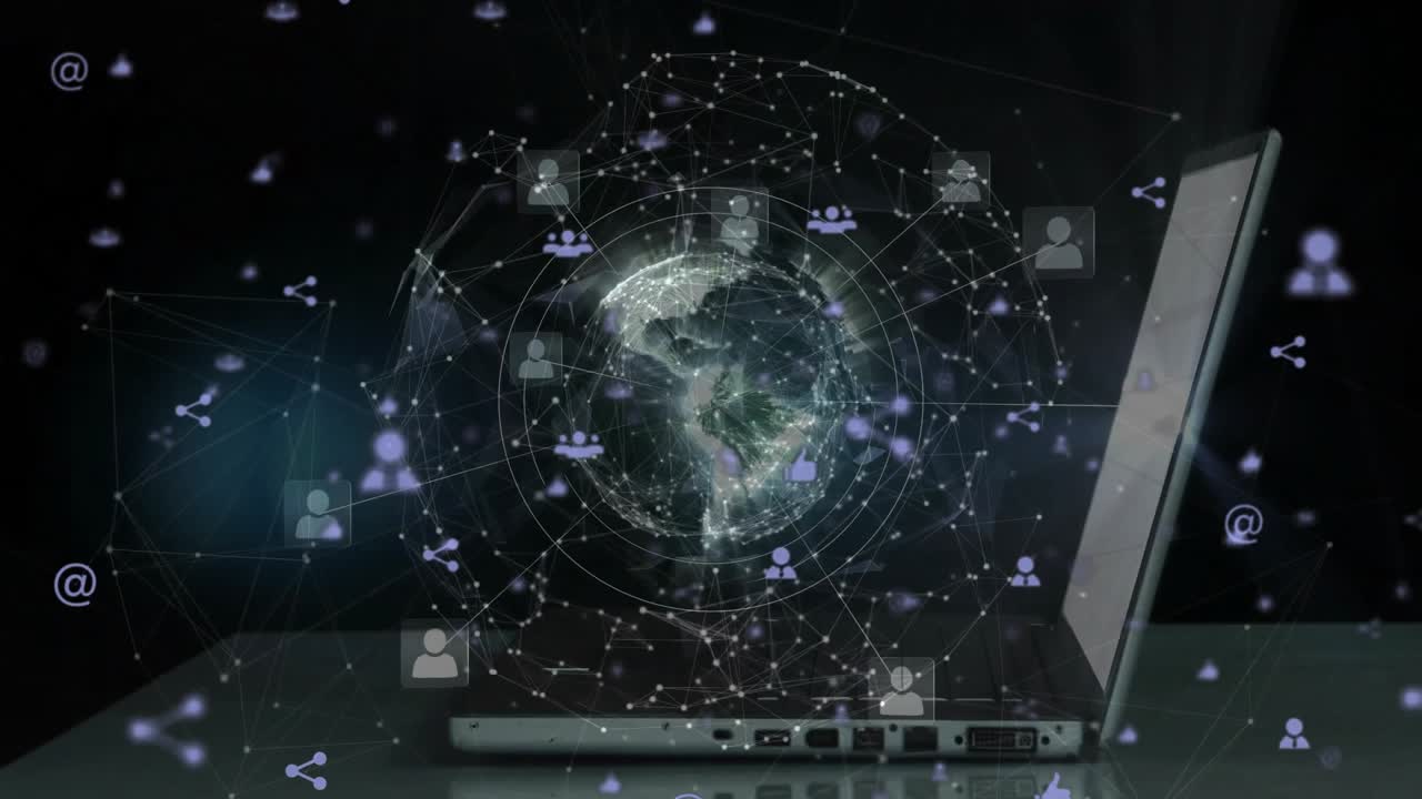 Hand gliding across laptop keyboard causing social icons pulsing and forming spinning globe network