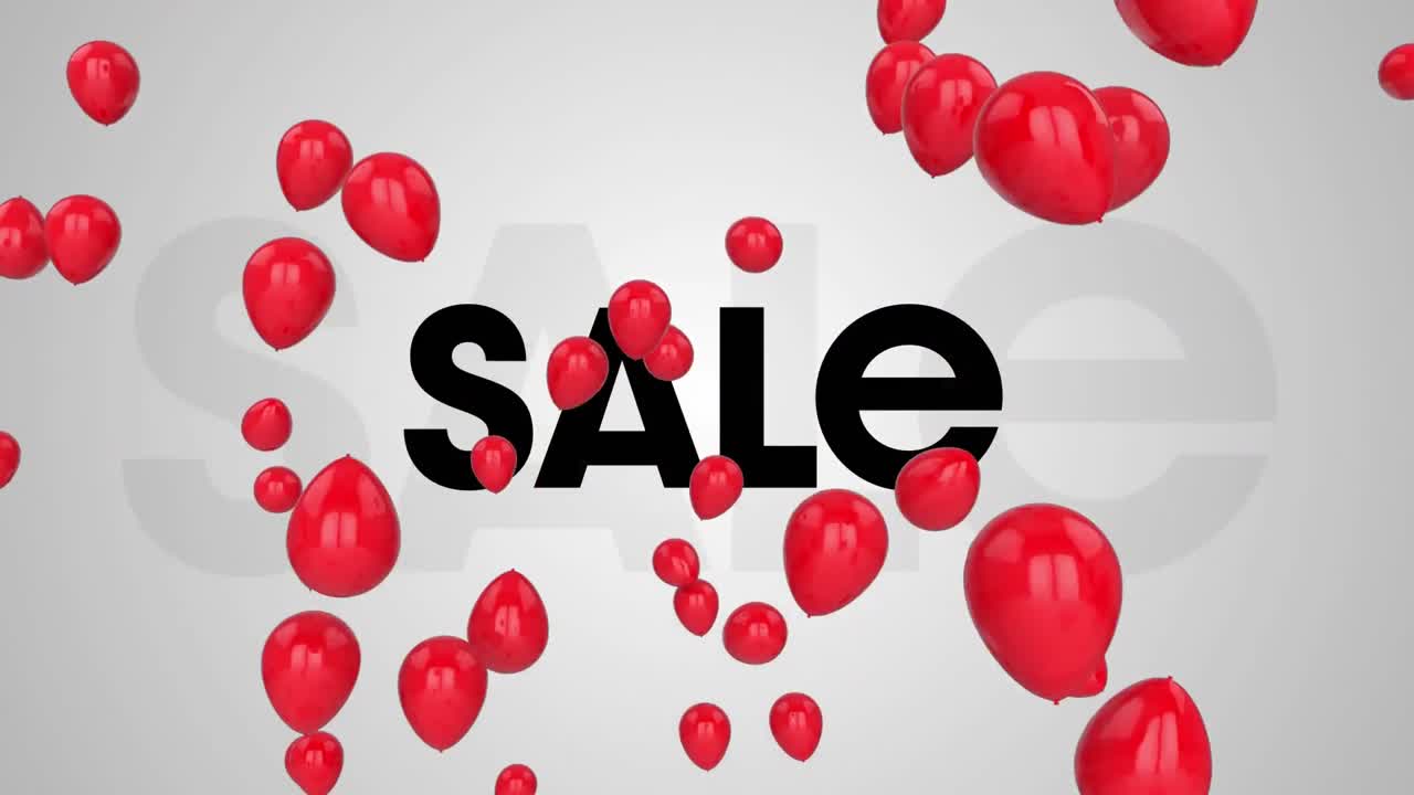 Animasi digital beberapa balon merah melayang di depan tulisan 'sale' dengan latar belakang abu-abu.