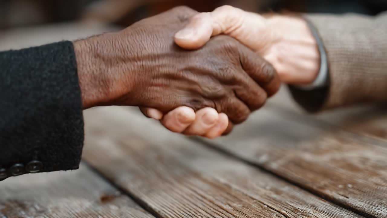 A Powerful Gesture of Unity and Trust: Two Hands Shaking in Agreement, Symbolizing Collaboration and Understanding Between Different Cultures