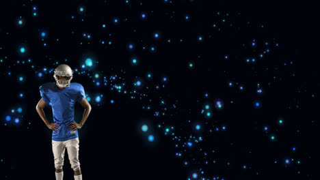 animación de un jugador de fútbol americano en casco con los brazos cruzados sobre manchas azules brillantes