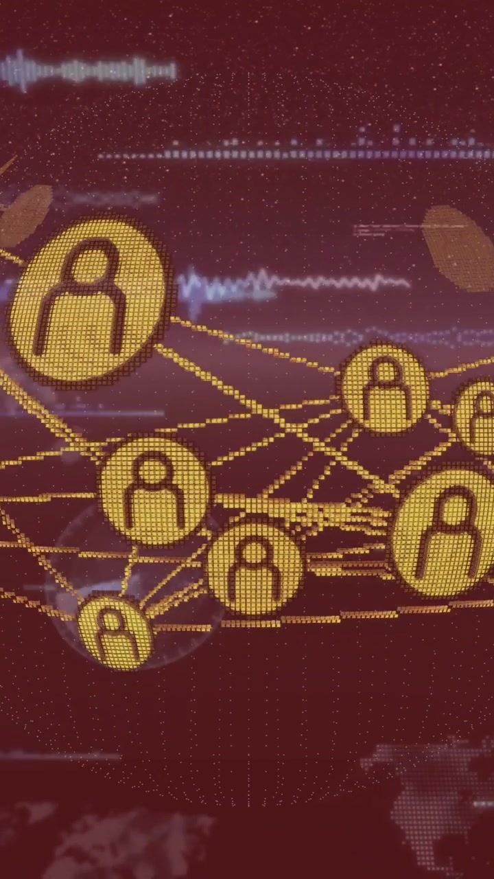 Animação de rede de conexões e processamento de dados sobre globo digital em fundo vermelho
