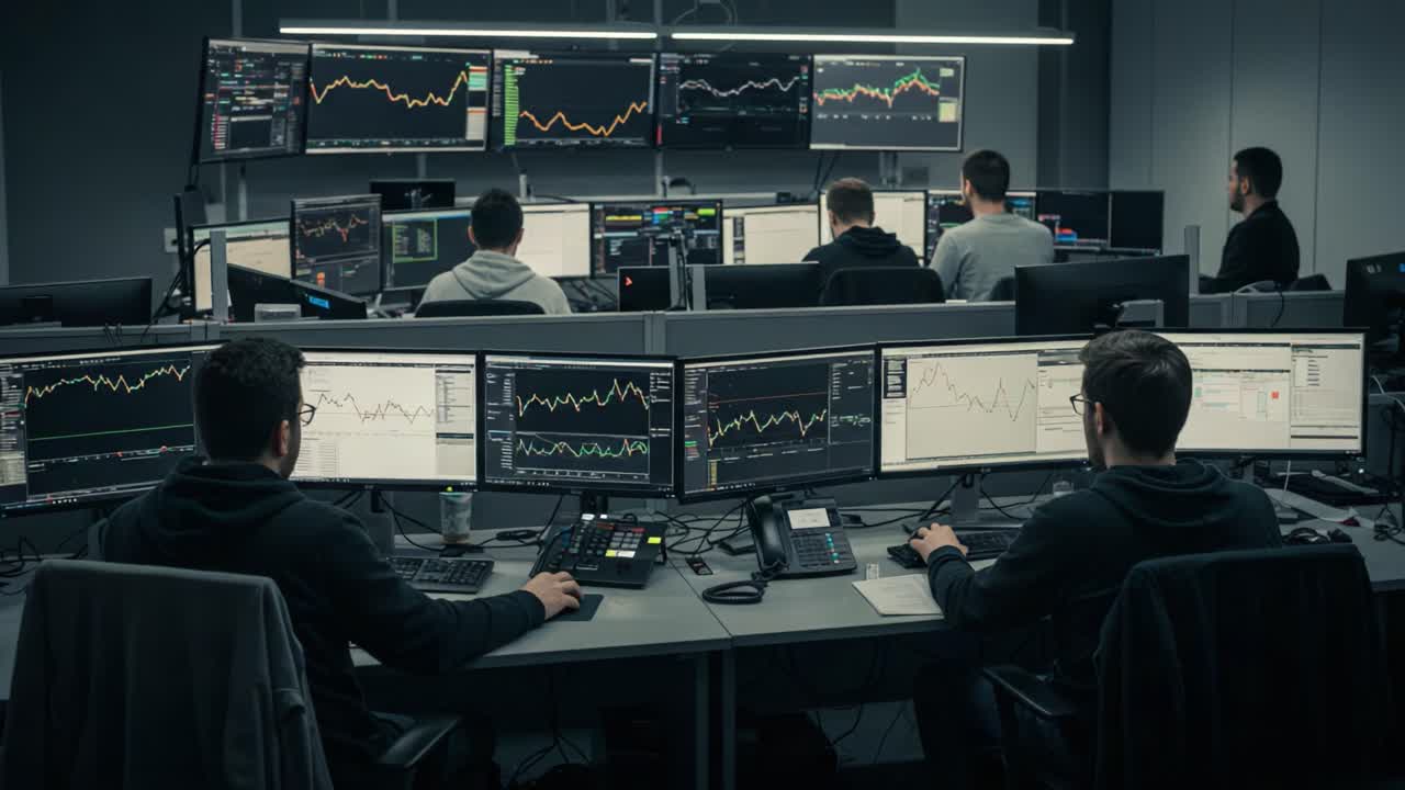 A team of financial analysts and traders focused on monitoring market trends and data analysis while seated at numerous high-tech computer workstations in a modern trading room