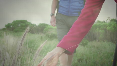 happy caucasian senior couple hiking, stopping to touch plants, over fast moving clouds and sunlight