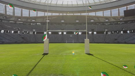 Animation-Von-Rugbybällen-Mit-Der-Flagge-Von-Wales-über-Dem-Stadion