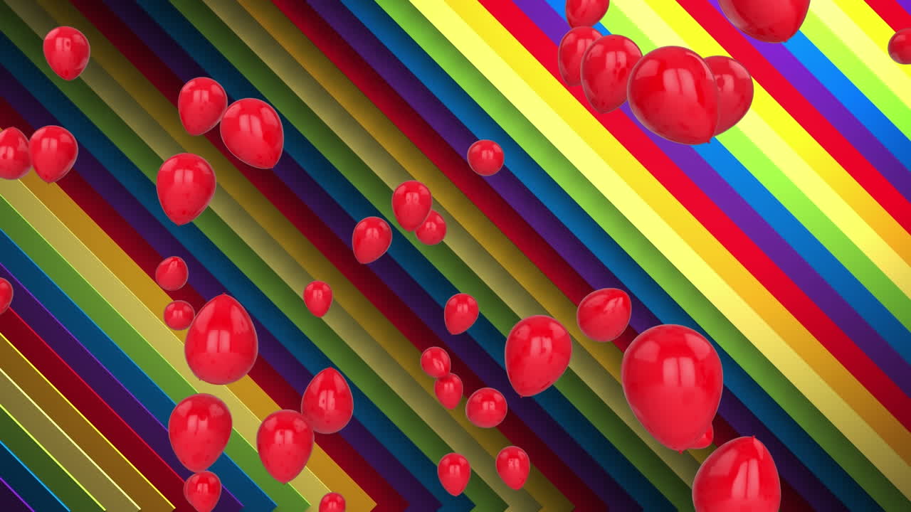 animación de globos sobre el fondo con patrón de arco iris