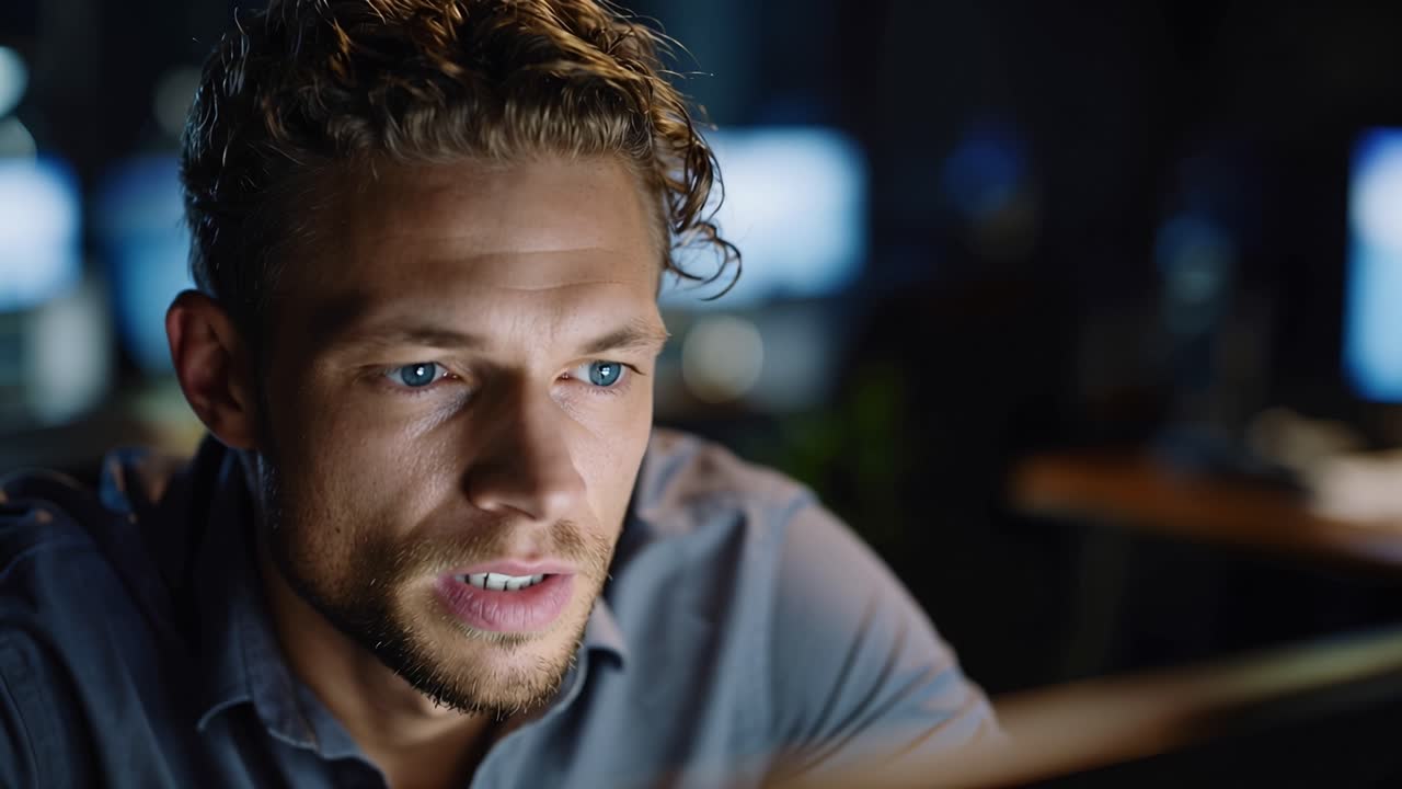 Focused Man Working Late at Night, Staring Intently at a Computer Screen in a Dimly Lit Room with Blurred Background Displays Highlighting His Concentration
