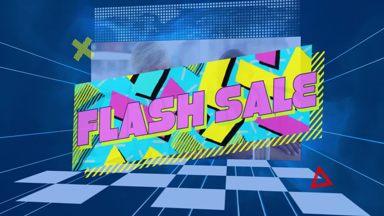 Colorful geometric patterns over digital grid background with Flash Sale text