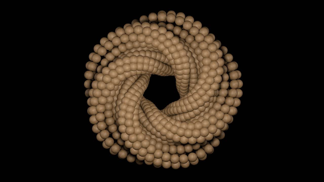 4K 3D animation. Beautiful abstract twisted torus made of wood balls rotates