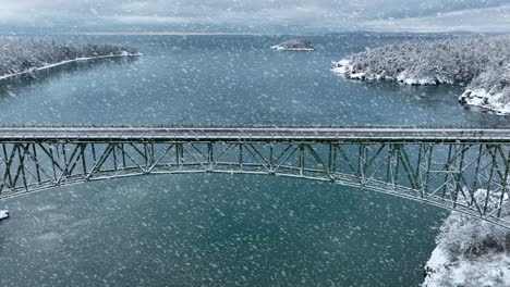 wide aerial view of an empty bridge during a snow storm