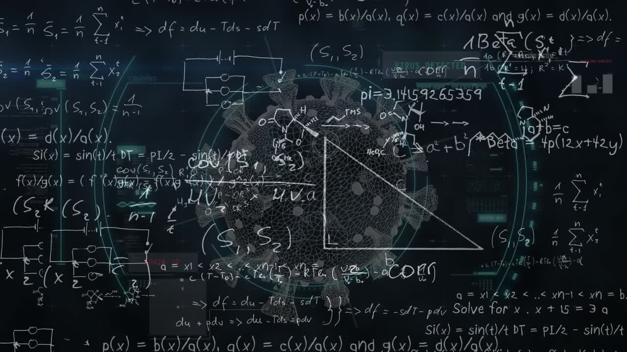 Opening dark display showing notations, animating virus updating pi and pulsing HUD visualization
