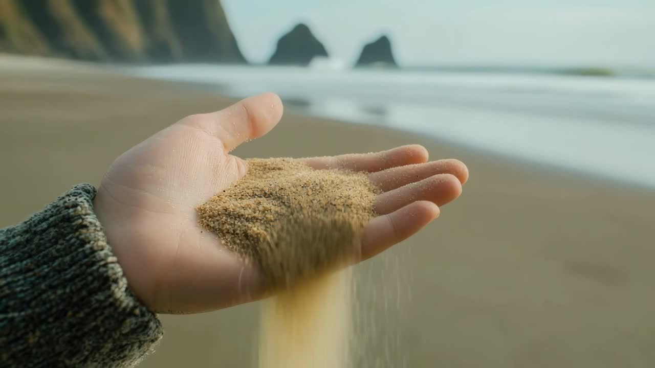 Close-up of a hand letting sand fall on a beach, captured from a side angle