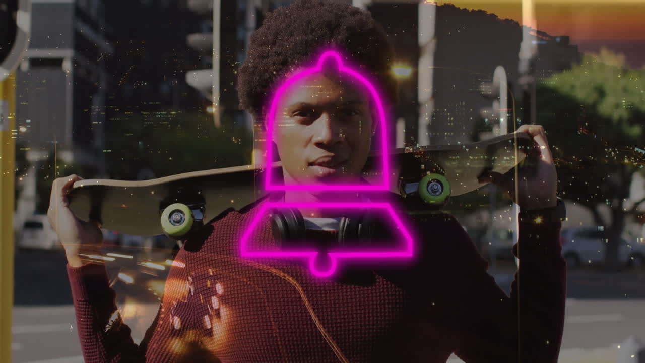 Skateboarder wearing headphones standing on street, showing neon bell icon overlay for marketing