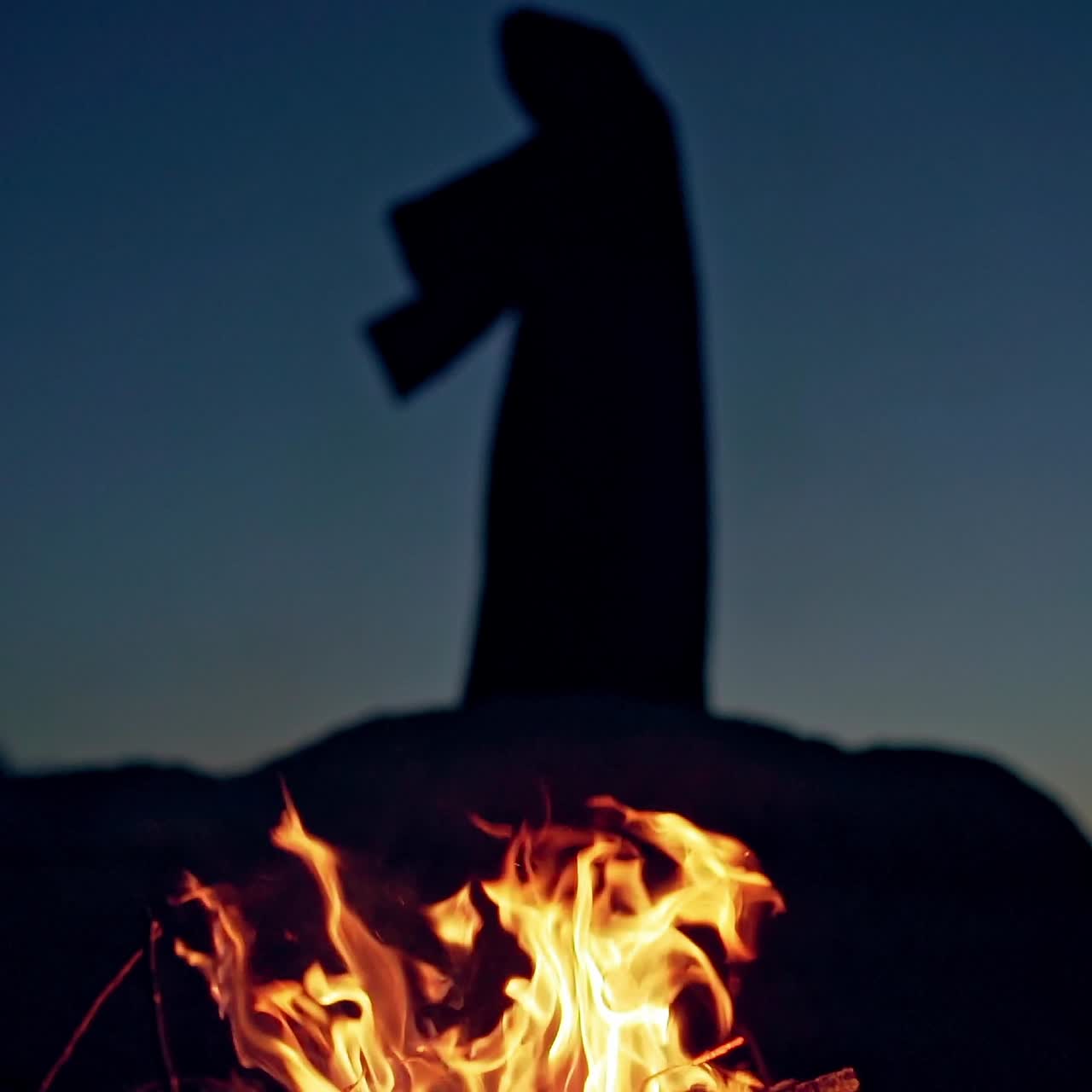 Witch by night fire in forest