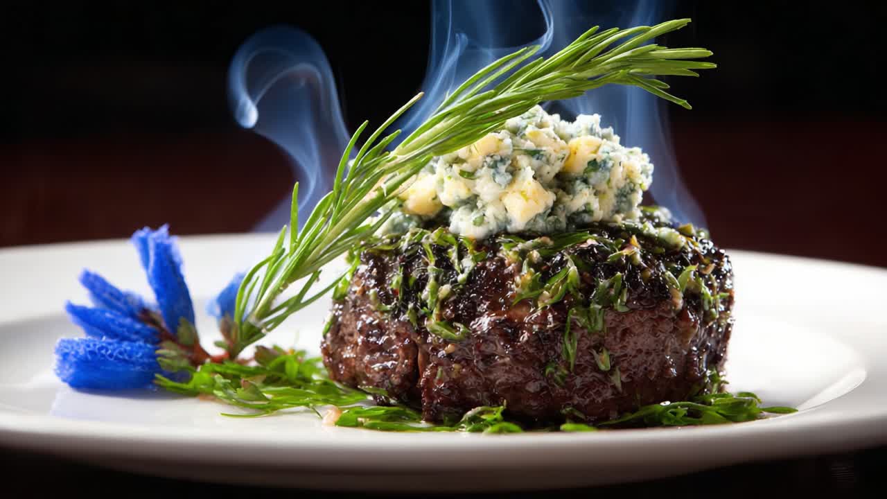 Exquisite Grilled Steak with Herb-Garnish and Creamy Topping, Surrounded by Elegant Colors and Captivating Smoke, Perfectly Plated for Culinary Enthusiasts