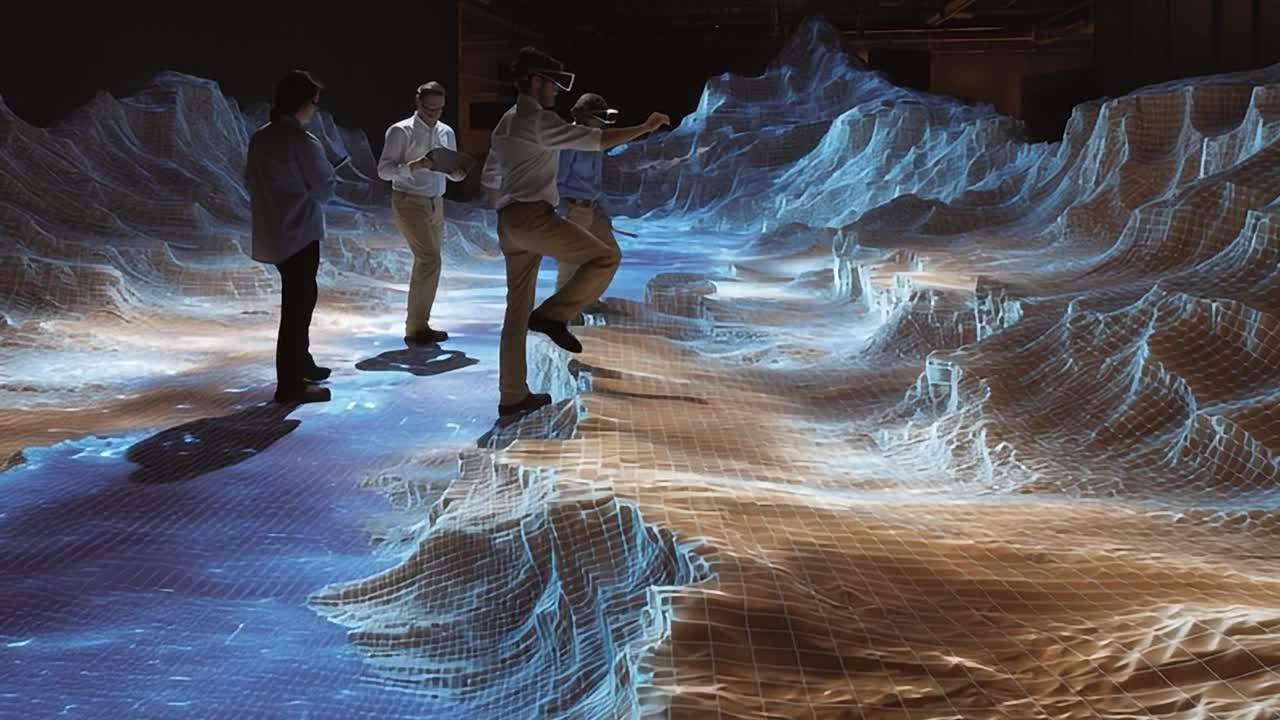 Visitatori esplorano un paesaggio virtuale utilizzando la tecnologia di realtà aumentata.