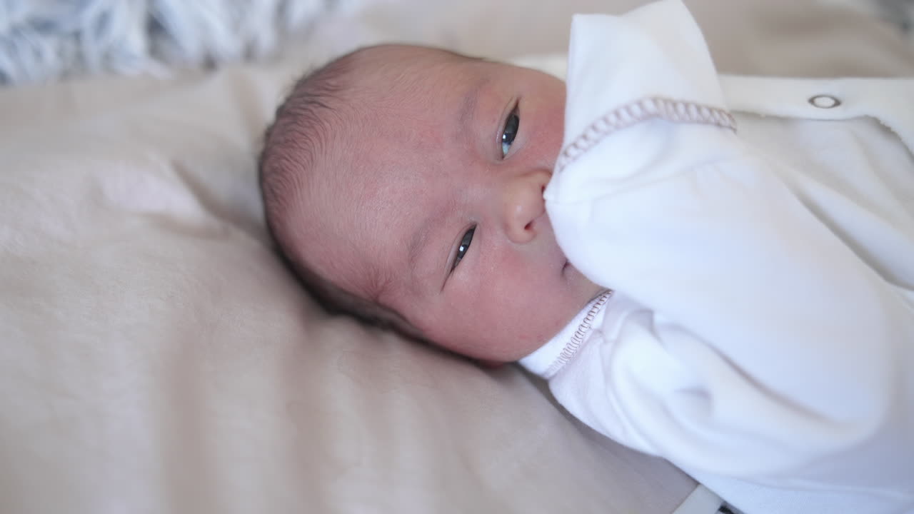 Newborn kid in white costume lying on the bed and looking with his eyes wide-open. Baby puts his hand in front of his mouth. Close-up.