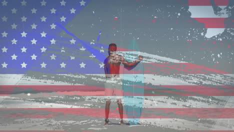 animation of flag of usa over african american man with surfboard on beach