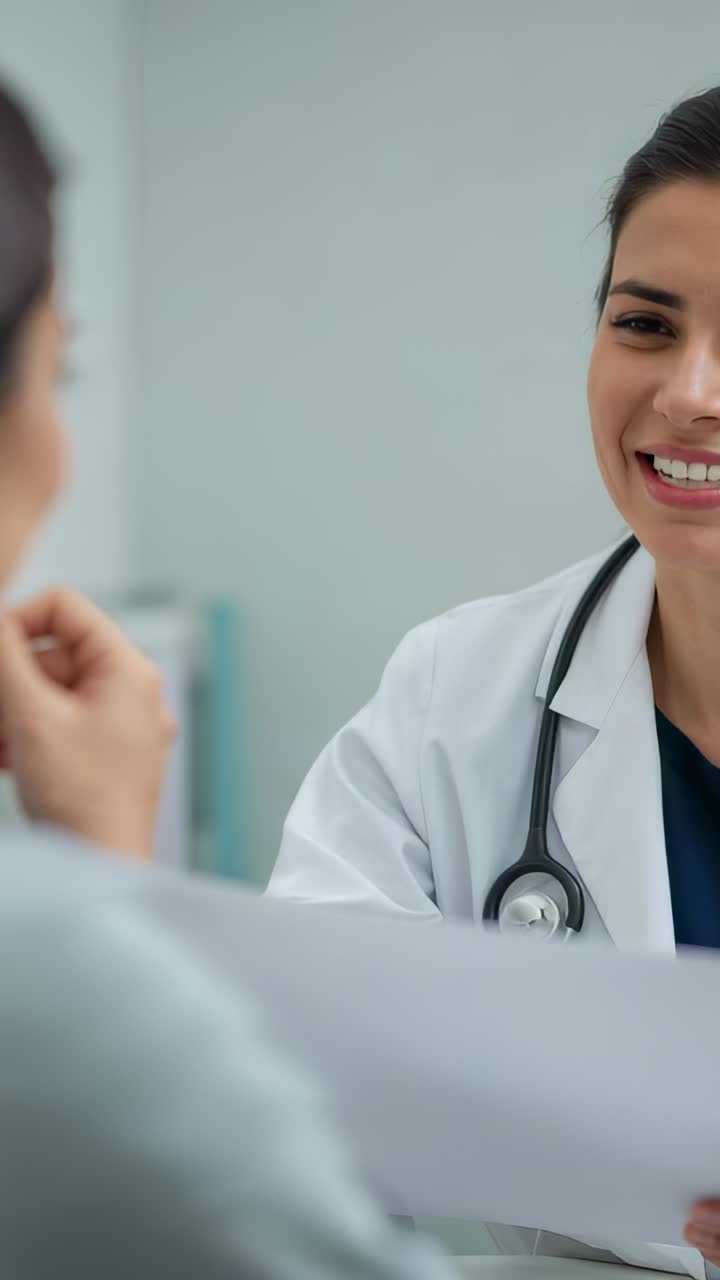 Vertical video: Reading chart, doctor telling patient in clinic wearing coat and stethoscope