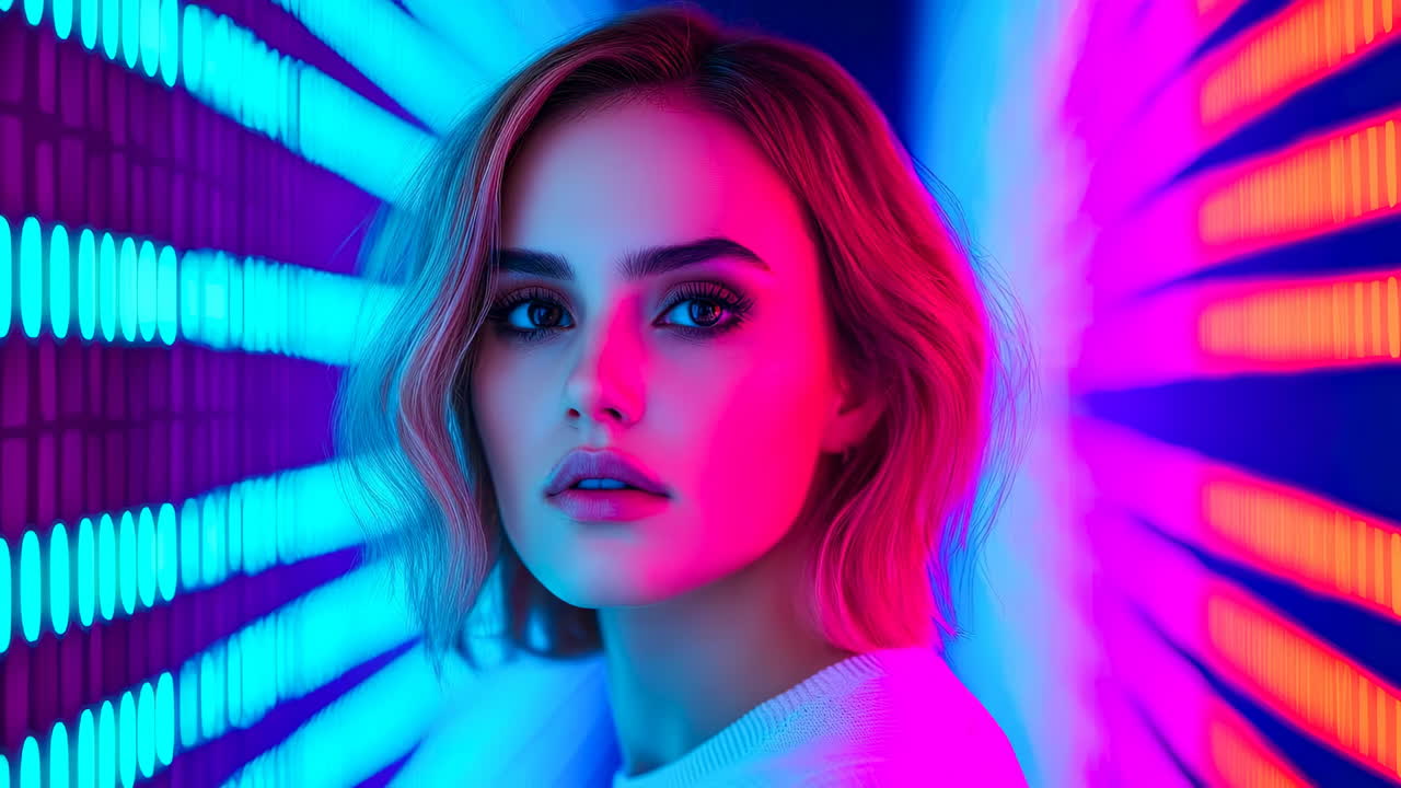 Vivid colors make a bold portrait. A young woman stands in a vibrant light tunnel, highlighted by bold colors and a captivating expression