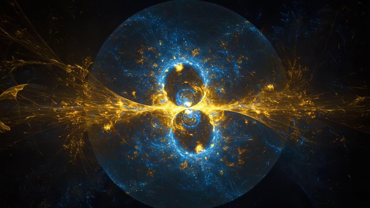 A mesmerizing display of cosmic energy captured in vivid blue and gold hues, showcasing the intricate beauty of an otherworldly phenomenon within a vibrant sphere