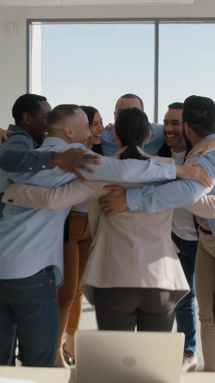 Vertical video: Moving in conference room, team hugging around peer in blazer, with laptops