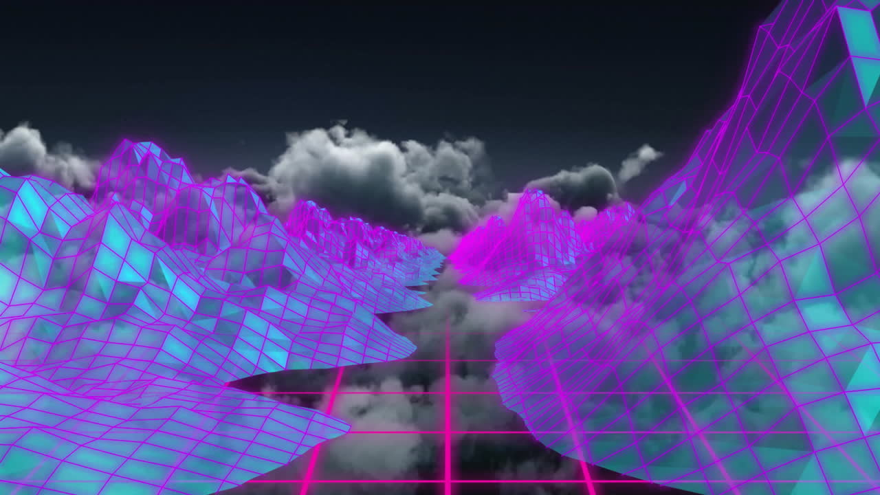 Animation of neon pink and blue grid mountains with clouds in digital landscape