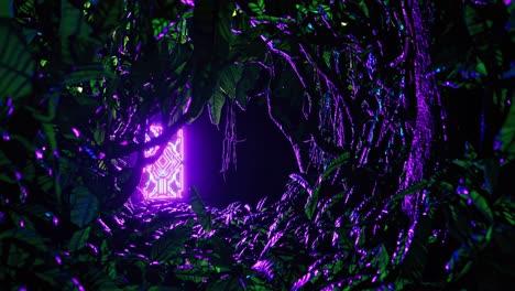 neon glowing portal in a dark jungle