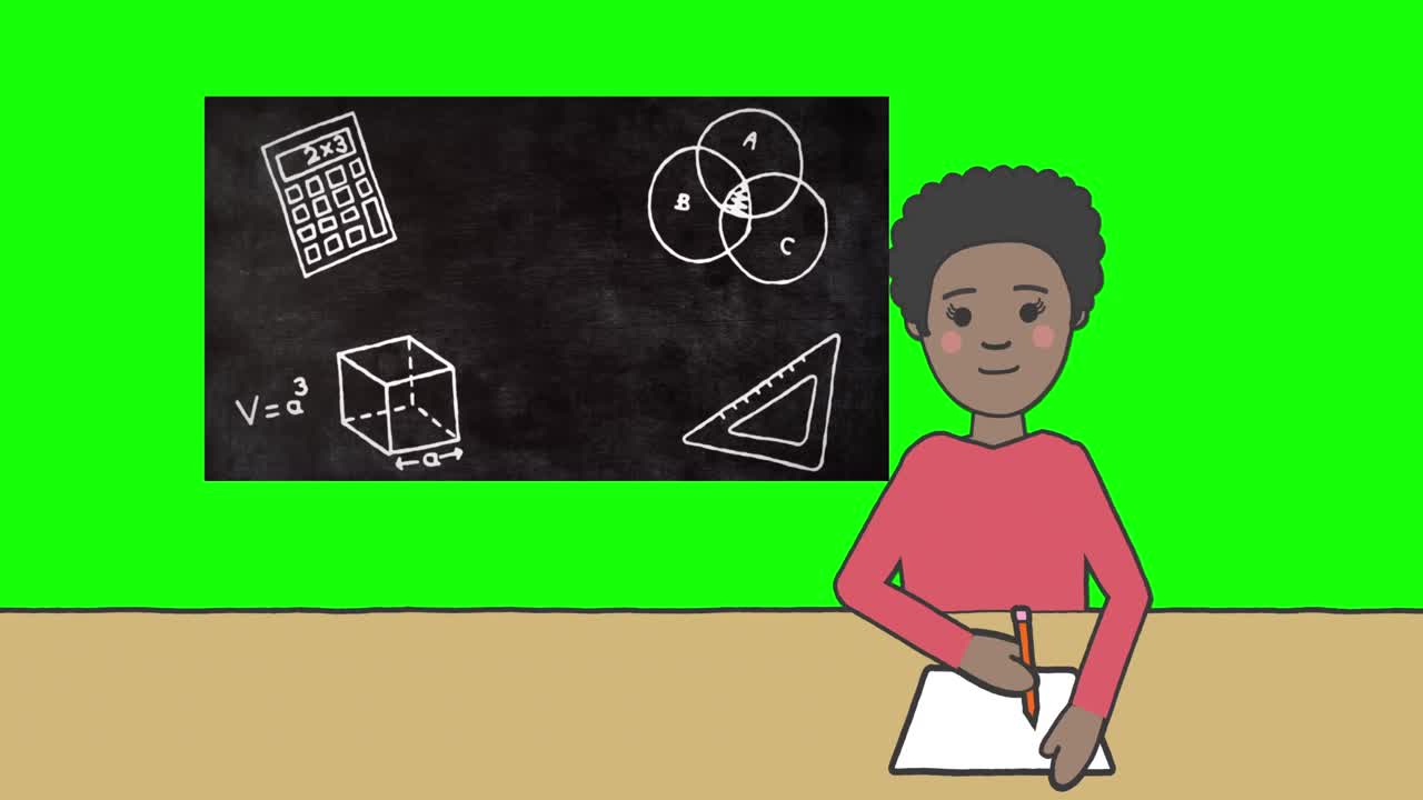 Animation of schoolgirl taking notes over blackboard with school items icons on green background