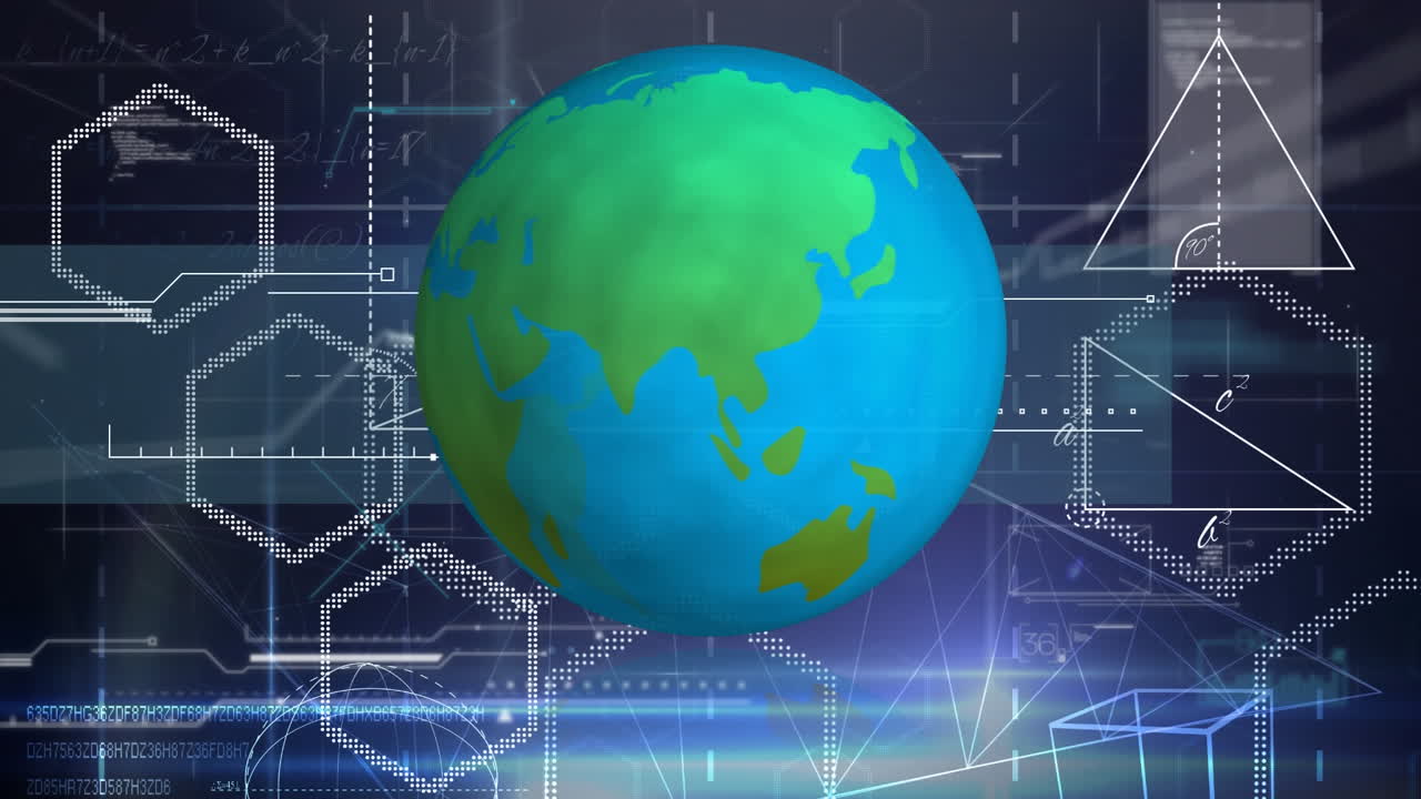 animación del globo con una red de conexiones sobre figuras geométricas