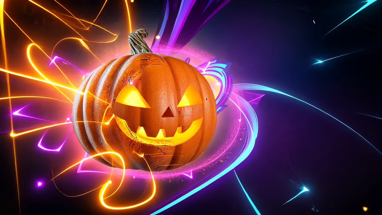 Emerging carved pumpkin glowing in void, with neon ribbons sweeping from right, forming energy ring