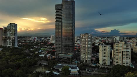 sunset cityscape: aerial view of highrise buildings