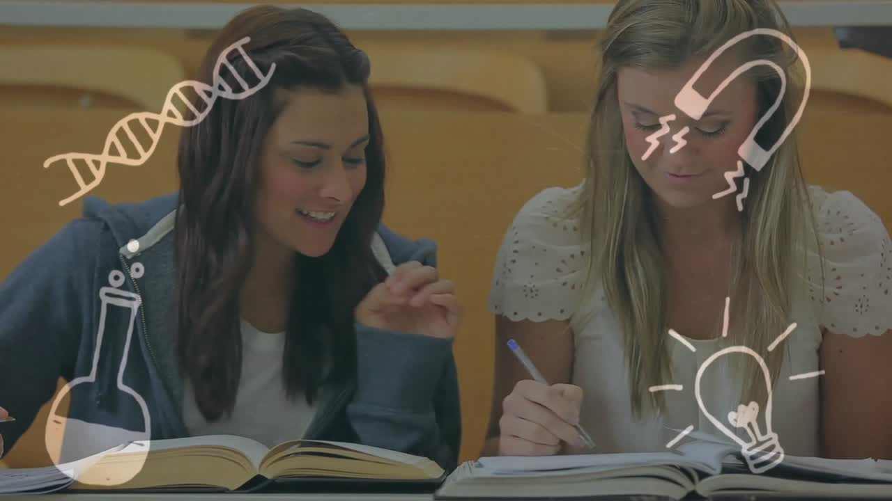 Studenci robiący notatki w sali wykładowej, z pojawiającymi się pływającymi ikonami naukowymi i wskazówkami do wzajemnego nauczania.
