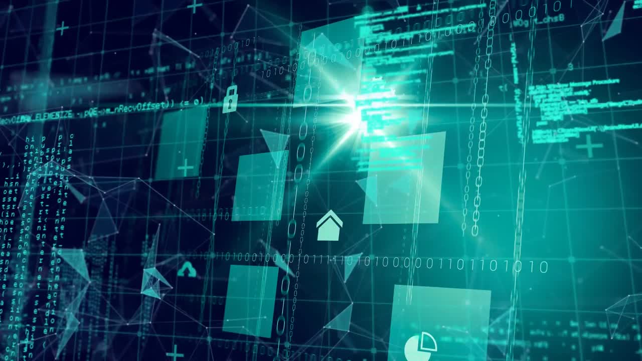 Animation of green online security padlocks and data processing over glowing background