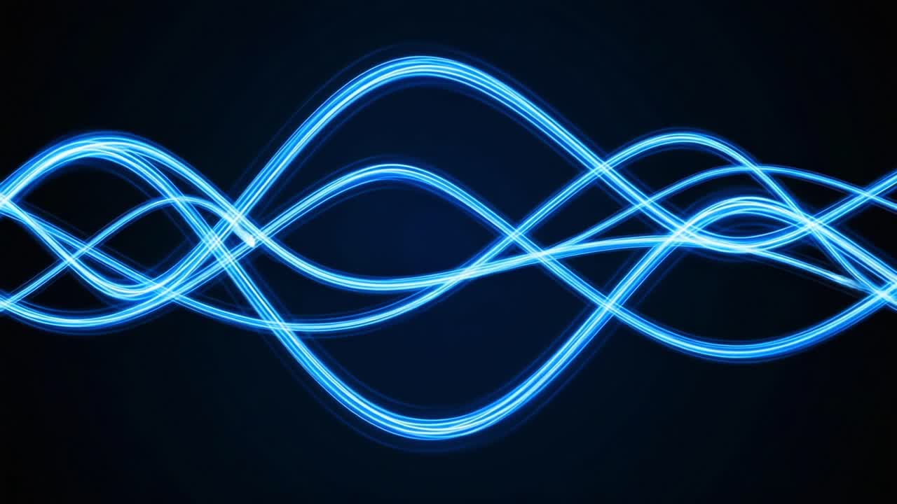 Dynamic Blue Light Waves Flowing Across a Dark Background, Creating an Emotive Visual Experience with Continuous Movement and Energy in a Fluid Form