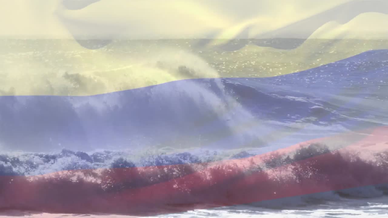 콜롬비아 의  ⁇ 발 이 바다 에 부 ⁇ 히는 파도 위 에 흔들리는 애니메이션