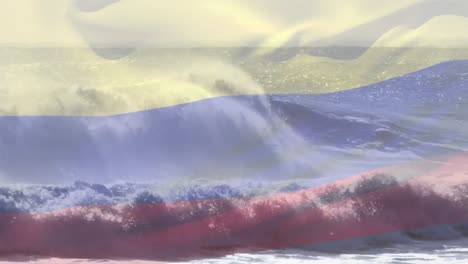 animación de la bandera de colombia ondeando sobre las olas que se estrellan en el mar