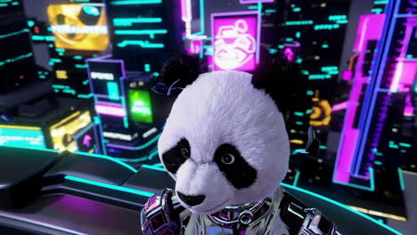 robot panda en una ciudad cyberpunk
