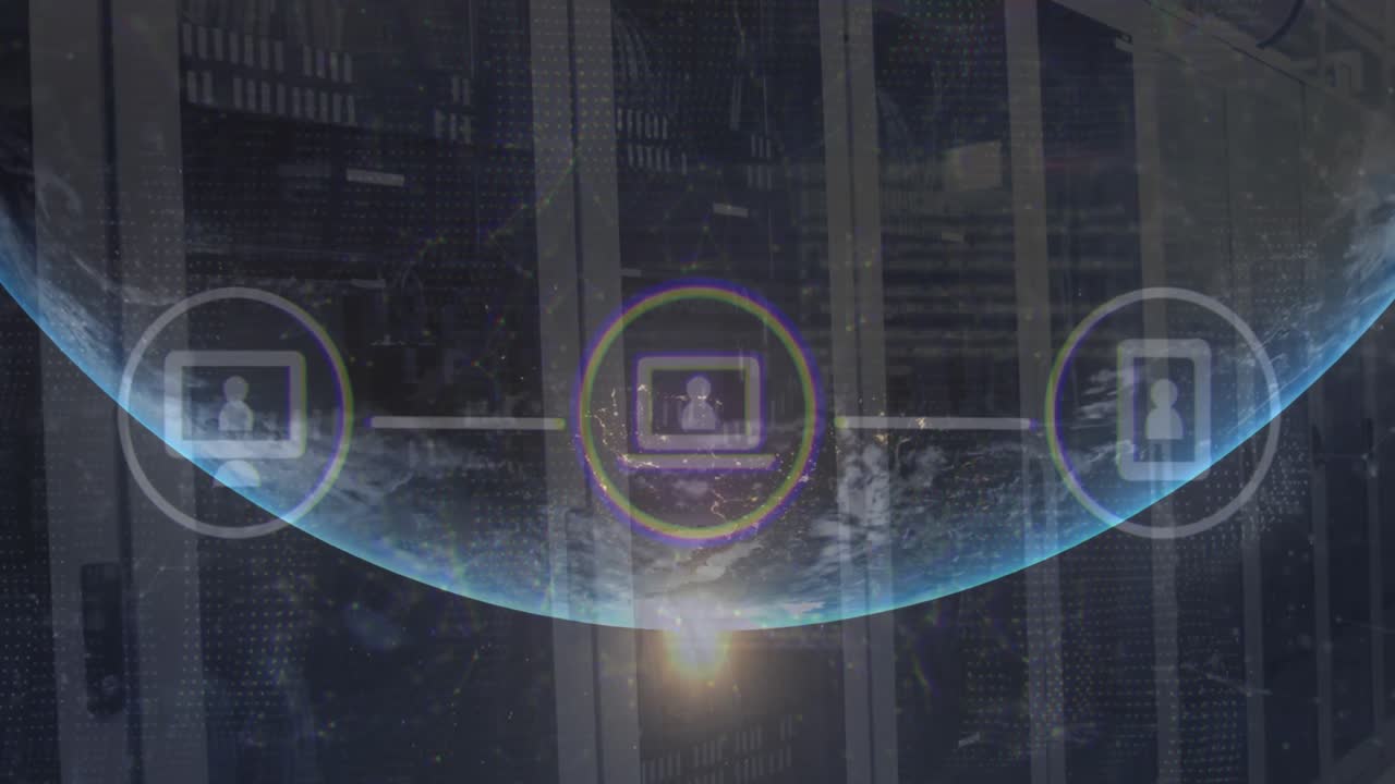 Animation of phone, laptop, computer icon in flowchart, globe, connected dots over data server racks