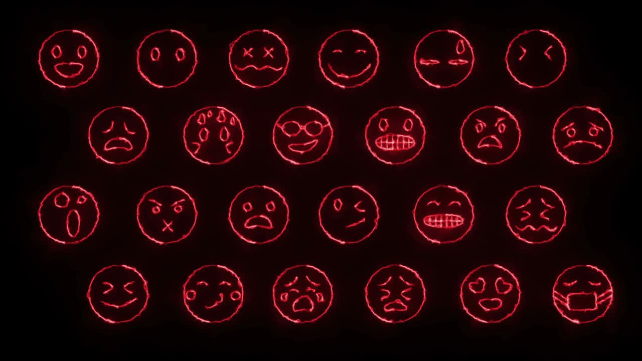динамические эффекты свечения набор из 24 лиц смайликов. неоновые эмоциональные знаки. петля