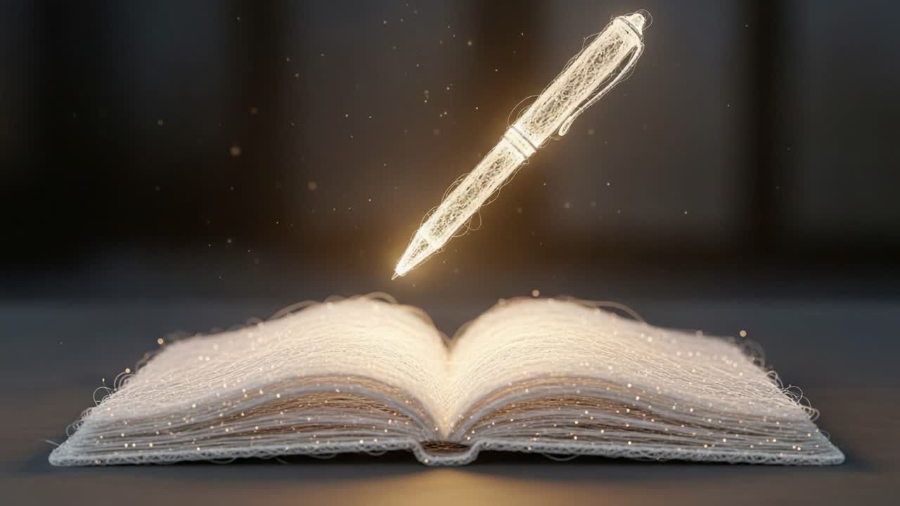 A Mystical Journey of Imagination: A Floating Pen Above an Open Book Signifying Creativity and Knowledge in an Enchanting Atmosphere