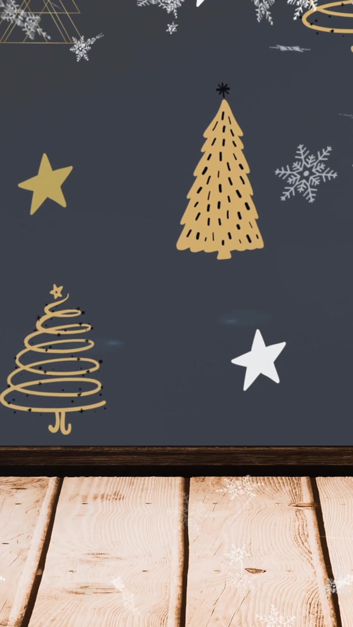 Animación de nieve cayendo sobre árboles de Navidad y adornos en un fondo negro.