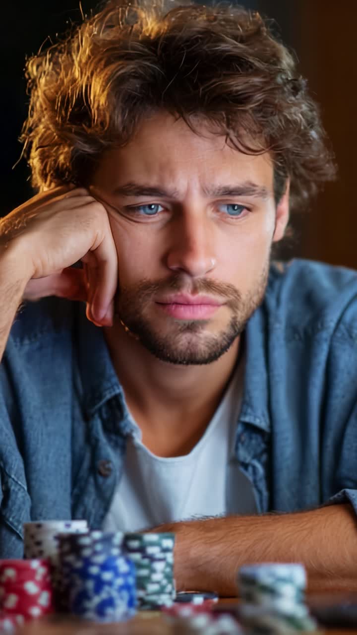 Intense Moment of Contemplation: A Young Man Deep in Thought While Playing Poker, Surrounded by Colorful Chips and the Ambiance of Strategy and Risk