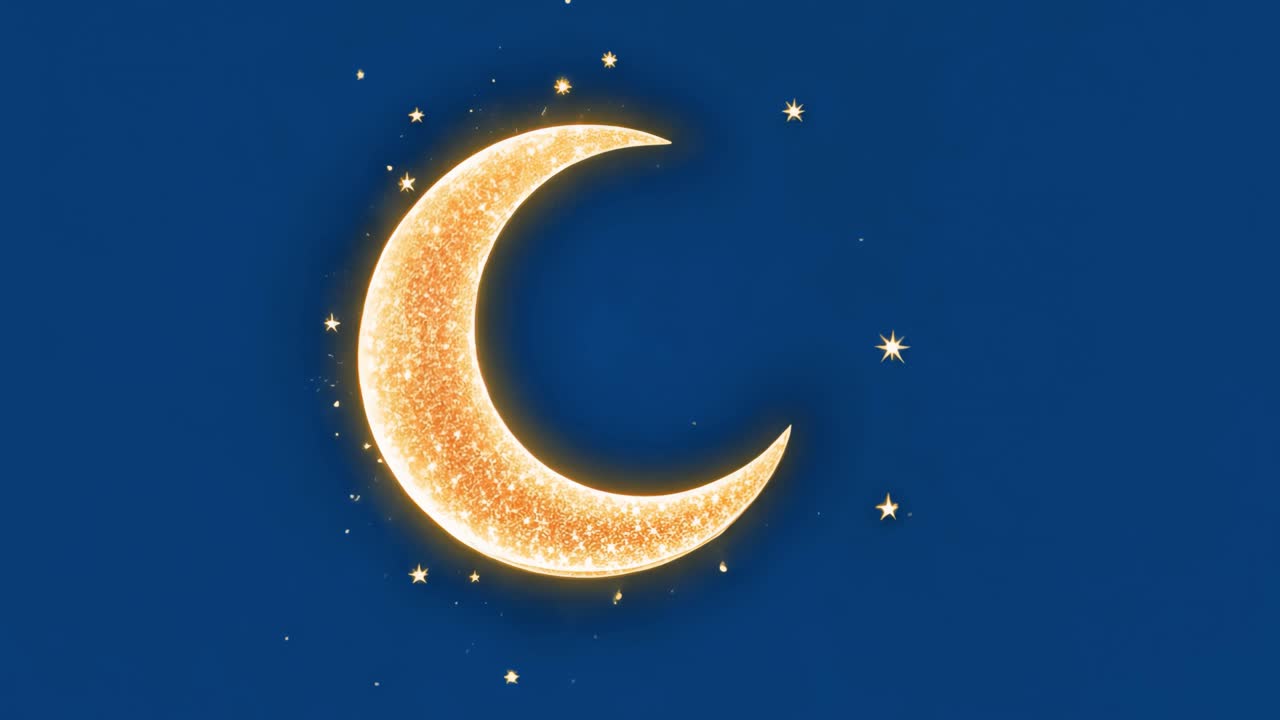 Glittering crescent moon with stars animated overlay, transparent 4K video, alpha channel, ProRes