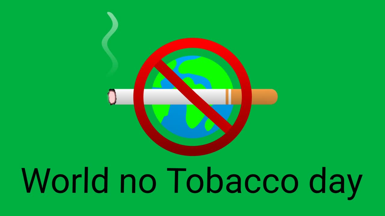 세계 담배 금지 날 애니메이션은 세계와 정지 표지판과 함께 녹색 화면에 고립되어 있습니다.