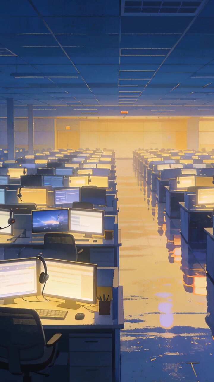 Vertical video: Camera panning forward in office revealing empty front desks, dual screens, headset