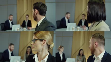 close up collage of happy businessmen and businesswomen in suits sitting in office and looking at camera