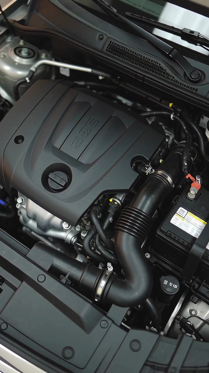 Vertical video: Starting camera panning over car engine bay, showcasing engine cover and battery