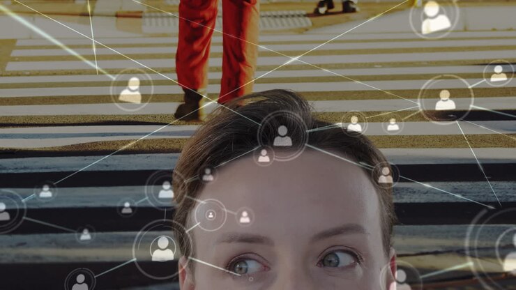 Animation of caucasian businesswoman and network of connections over people walking on street